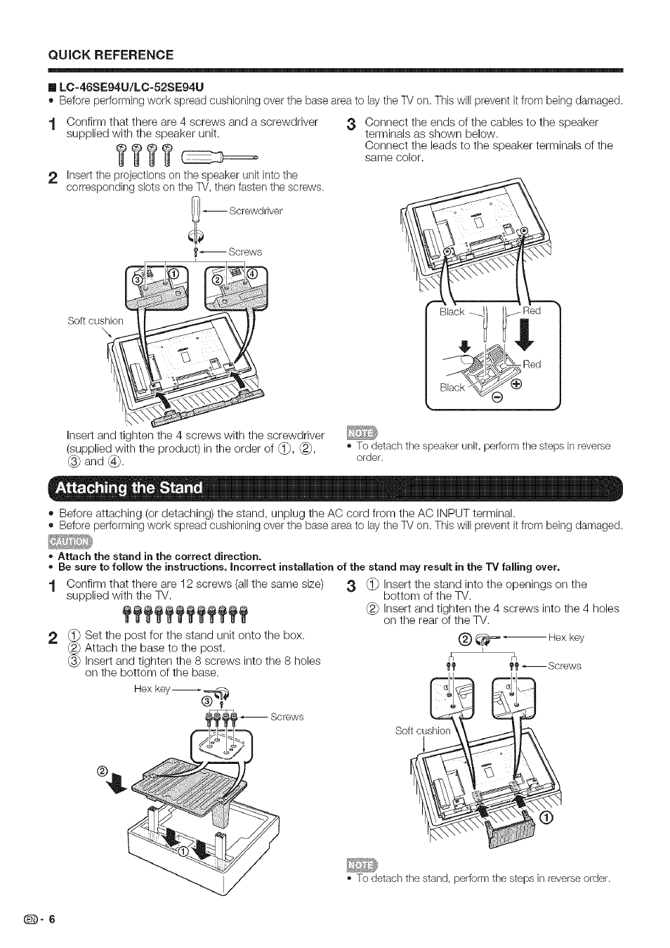 Attaching thé stand | Sharp Aquos LC 46SE94U User Manual | Page 7 / 58