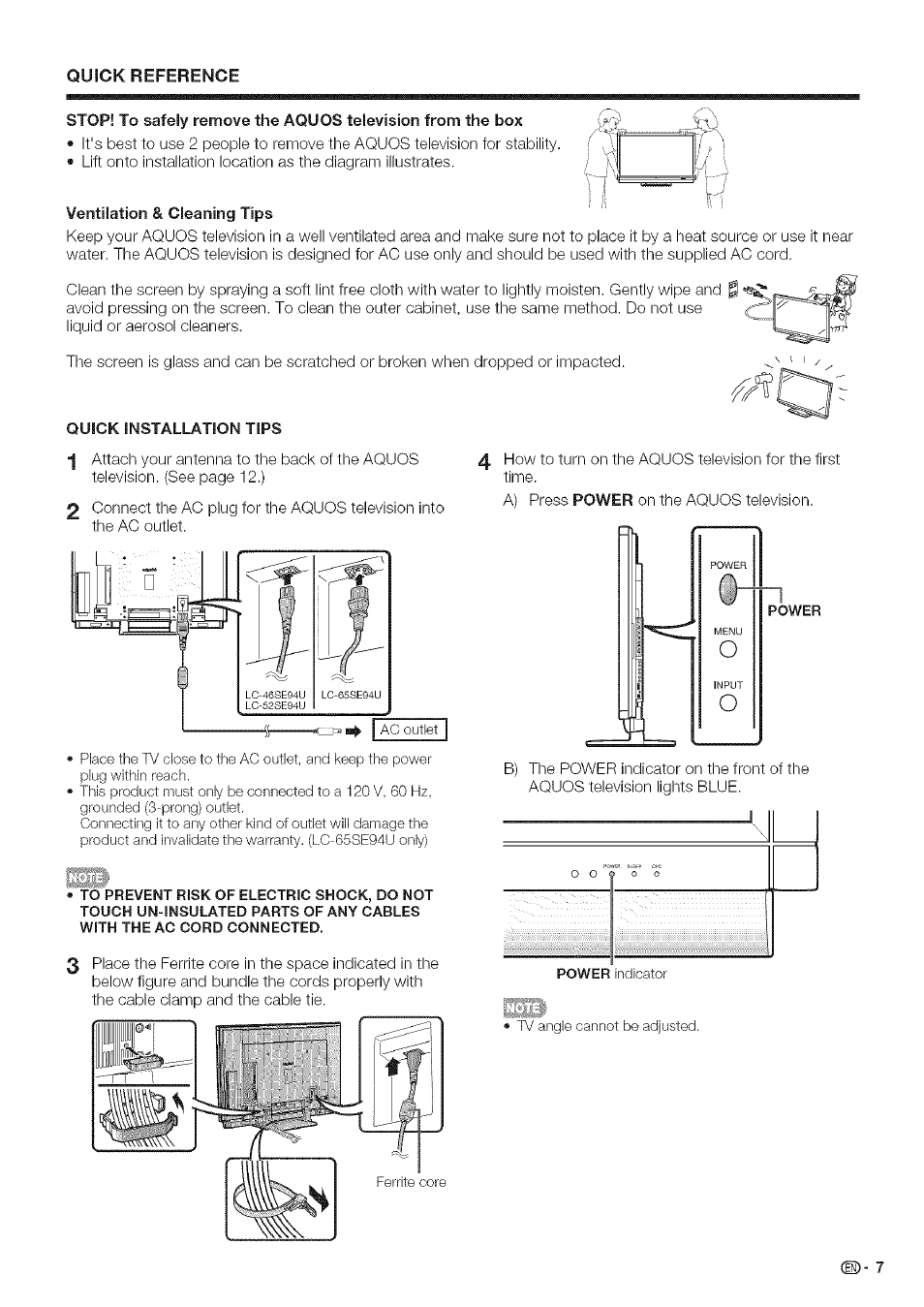 Ventilation & cleaning tips | Sharp Aquos LC 46SE94U User Manual | Page 8 / 58