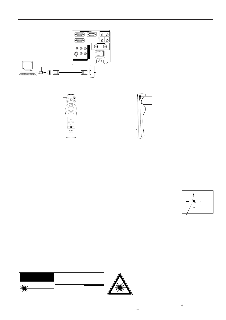 Wireless mouse functions, Caution, Connection example | Functions and operations, Laser pointer button mouse/adjustment switch, Mouse buttons, Mouse cursor right-click button | Sharp PGD210U User Manual | Page 9 / 40