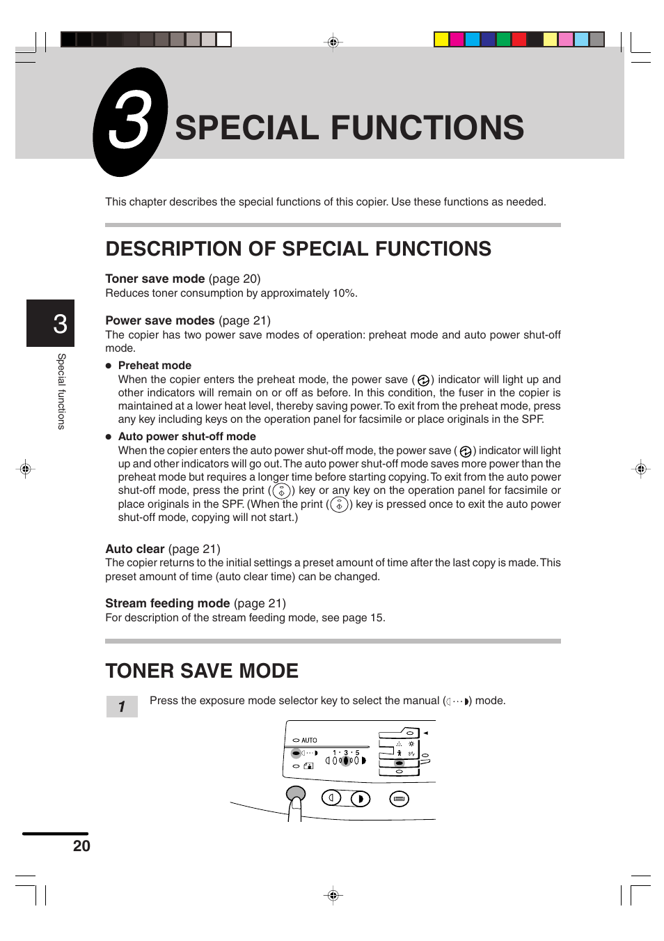 Special functions, Description of special functions, Toner save mode | Sharp AR-F152 User Manual | Page 22 / 52