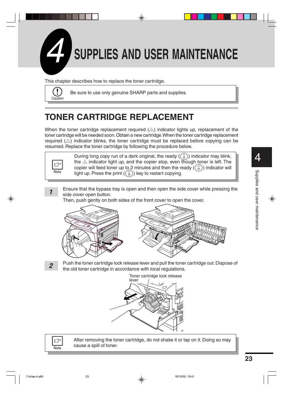 Supplies and user maintenance, Toner cartridge replacement | Sharp AR-F152 User Manual | Page 25 / 52