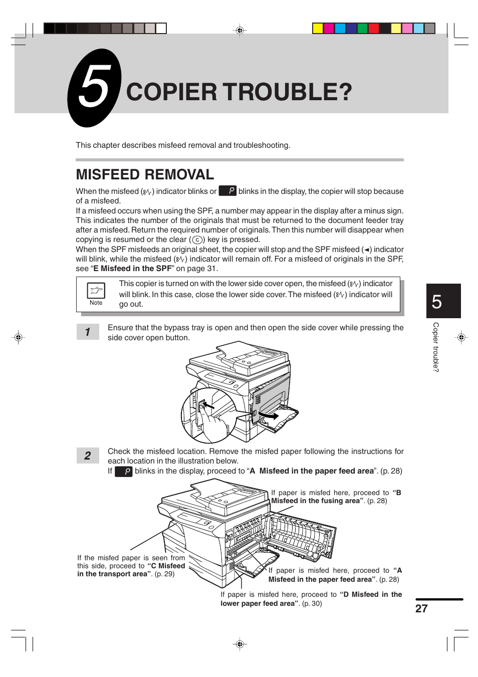 Copier trouble, Misfeed removal | Sharp AR-F152 User Manual | Page 29 / 52
