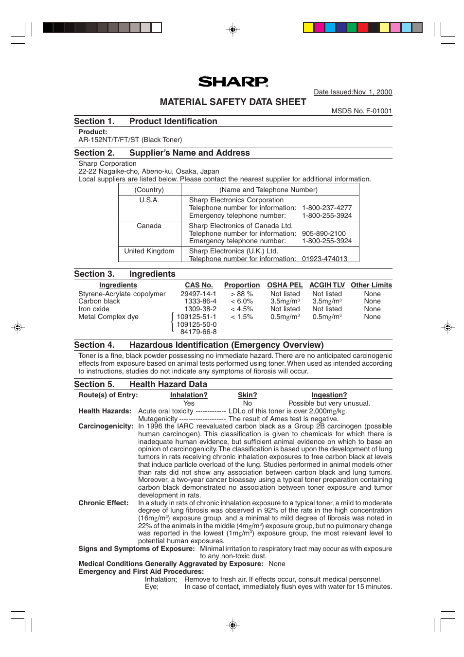 Material safety data sheet | Sharp AR-F152 User Manual | Page 44 / 52