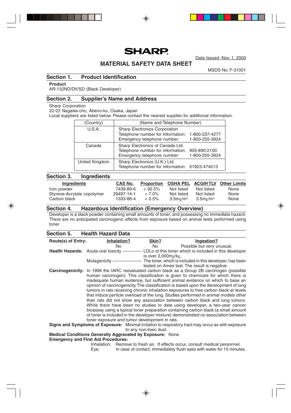Material safety data sheet | Sharp AR-F152 User Manual | Page 46 / 52