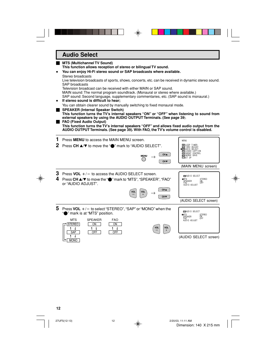 Audio select | Sharp 36UF5/6 User Manual | Page 12 / 57