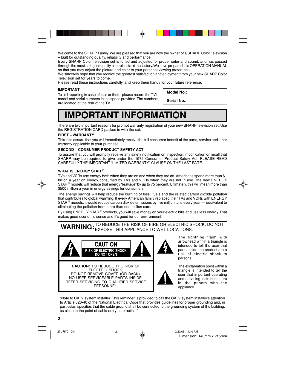 Important information, Warning | Sharp 36UF5/6 User Manual | Page 2 / 57