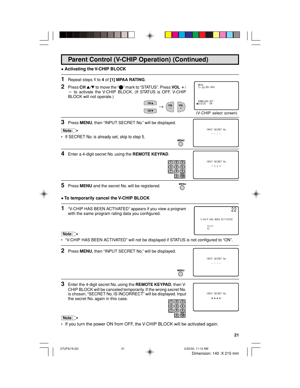 Parent control (v-chip operation) (continued), Activating the v-chip block, If secret no. is already set, skip to step 5 | Sharp 36UF5/6 User Manual | Page 21 / 57