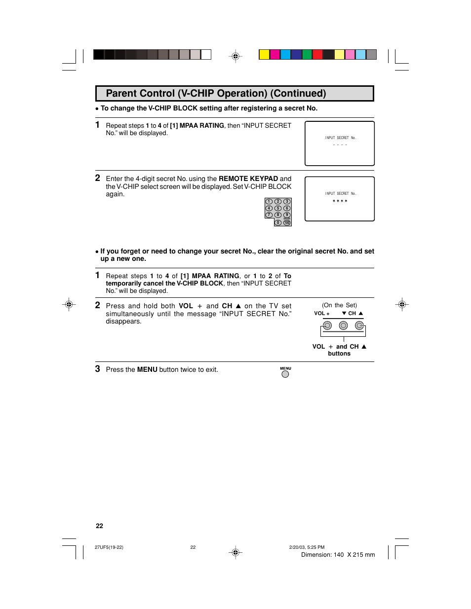 Parent control (v-chip operation) (continued) | Sharp 36UF5/6 User Manual | Page 22 / 57