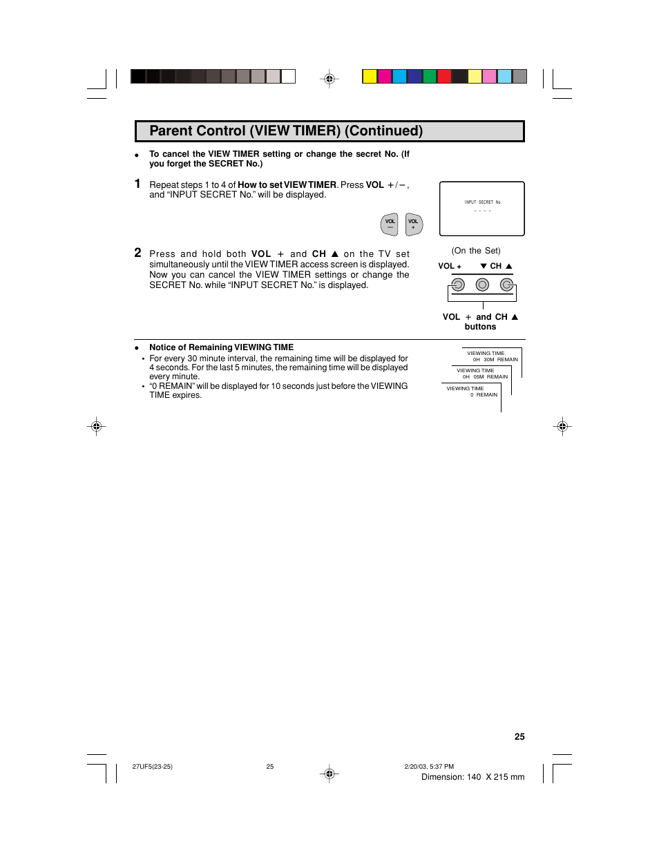 Parent control (view timer) (continued) | Sharp 36UF5/6 User Manual | Page 25 / 57