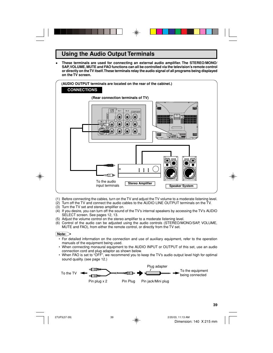 Using the audio output terminals | Sharp 36UF5/6 User Manual | Page 39 / 57