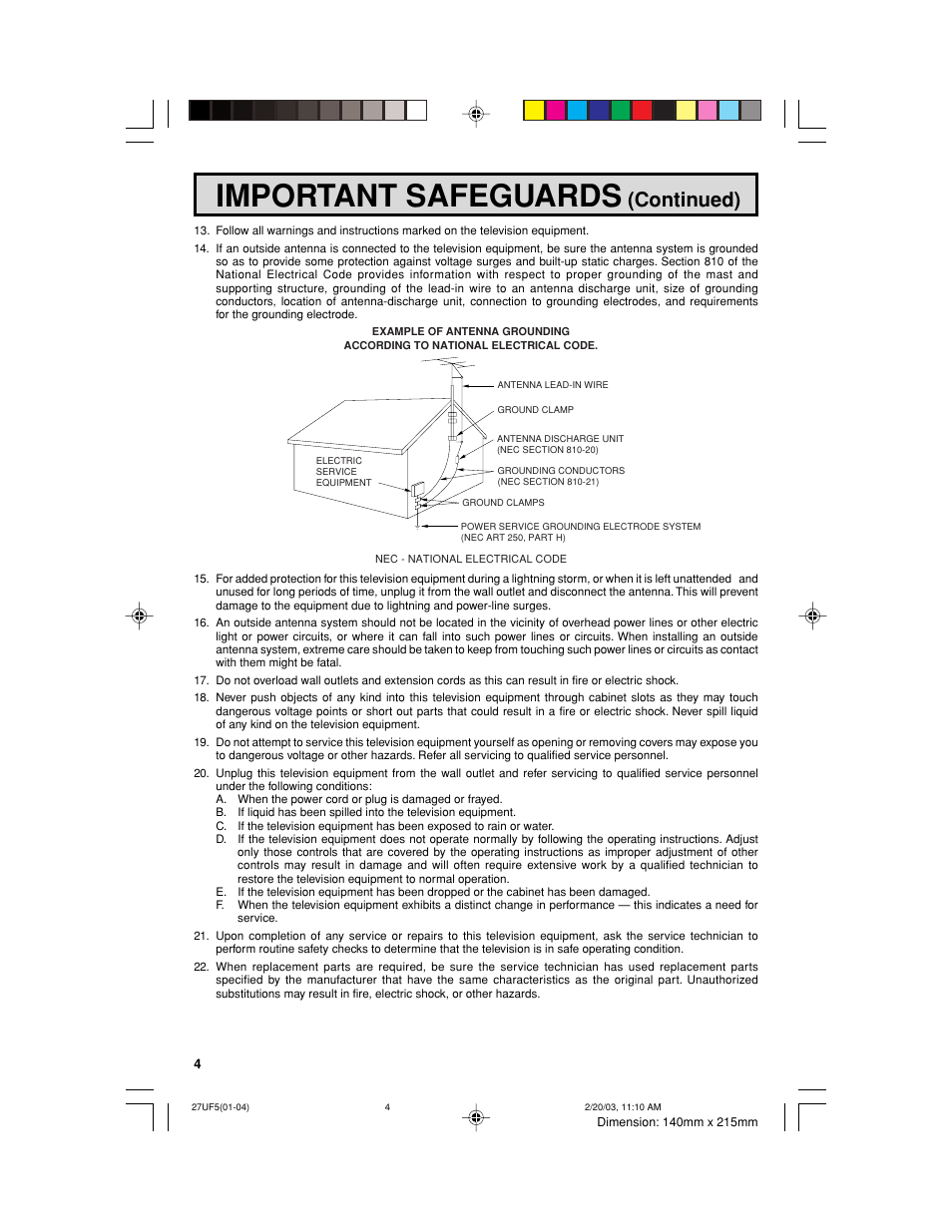 Important safeguards, Continued) | Sharp 36UF5/6 User Manual | Page 4 / 57