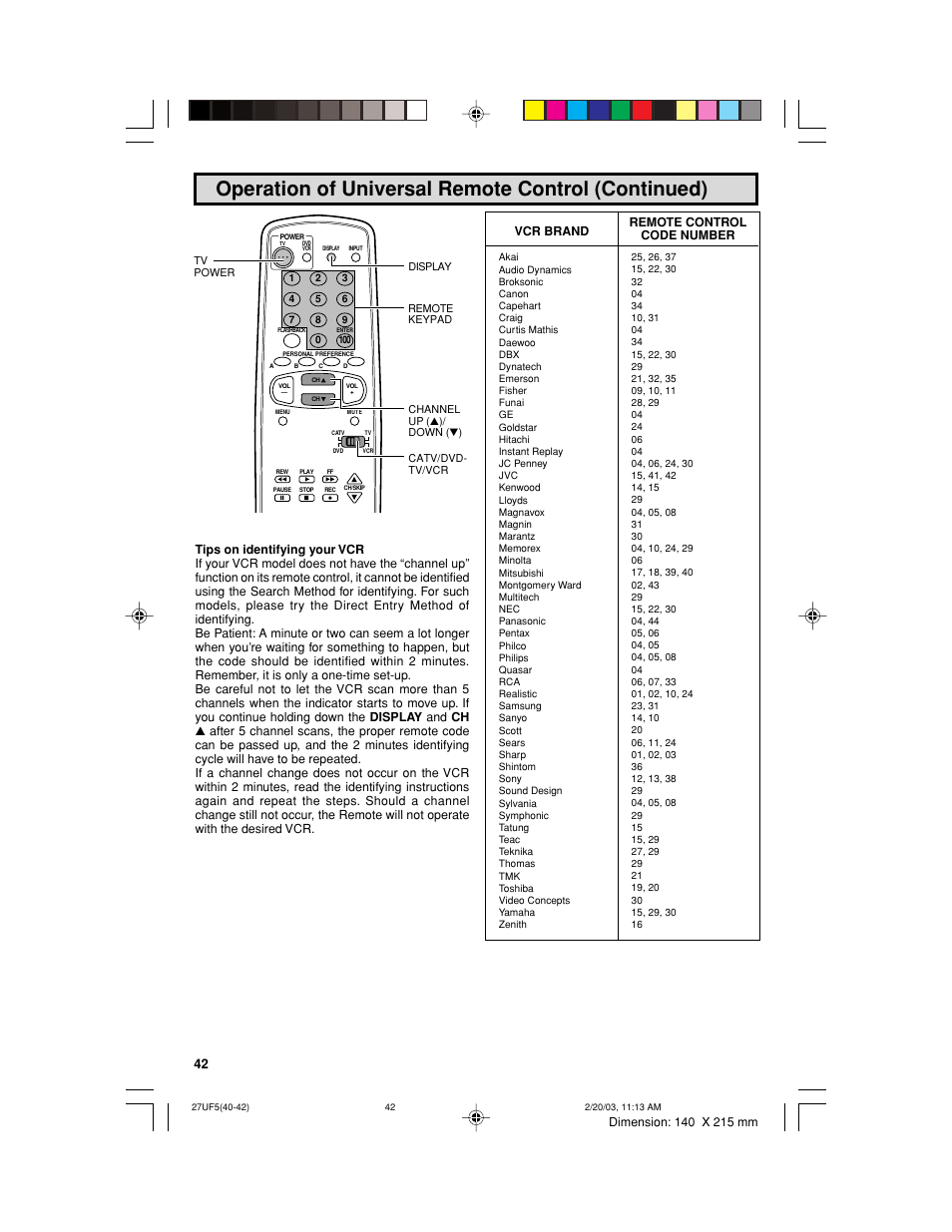 Operation of universal remote control (continued), Vcr brand remote control code number | Sharp 36UF5/6 User Manual | Page 42 / 57