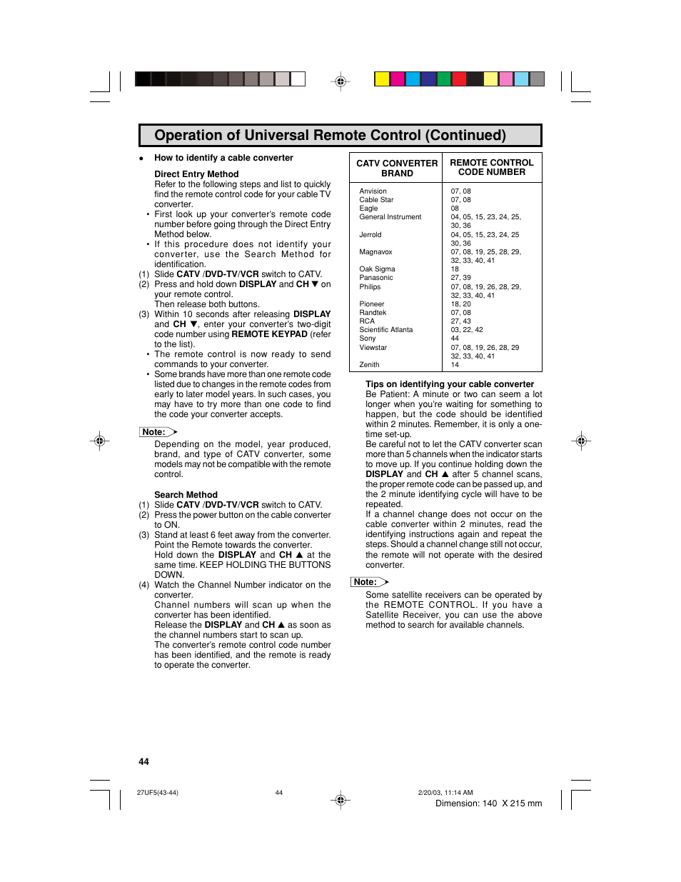 Operation of universal remote control (continued) | Sharp 36UF5/6 User Manual | Page 44 / 57