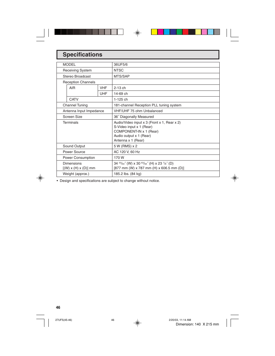 Specifications | Sharp 36UF5/6 User Manual | Page 46 / 57