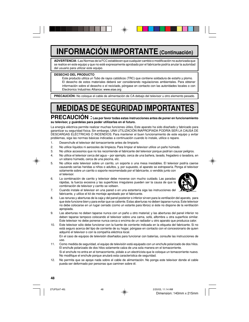 Información importante, Medidas de seguridad importantes, Precaución | Continuación) | Sharp 36UF5/6 User Manual | Page 48 / 57