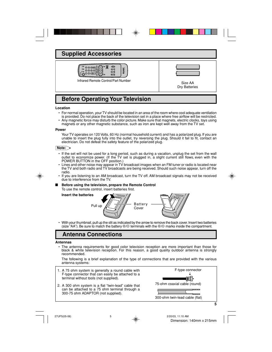 Before operating your television, Antenna connections, Supplied accessories | Infrared remote control/part number | Sharp 36UF5/6 User Manual | Page 5 / 57