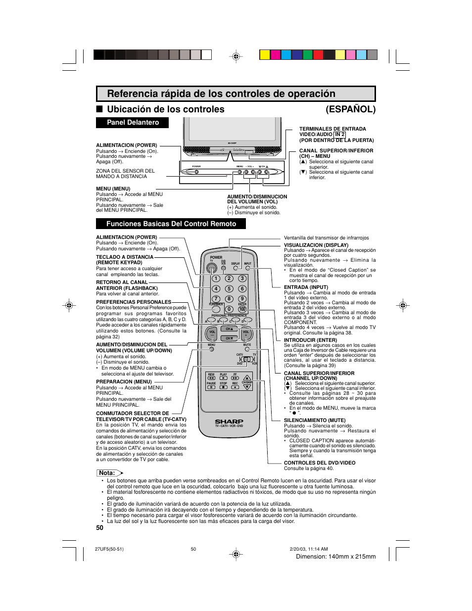 Referencia rápida de los controles de operación, L ubicación de los controles (español), Panel delantero | Funciones basicas del control remoto, Power menu – vol + ch pull-open | Sharp 36UF5/6 User Manual | Page 50 / 57