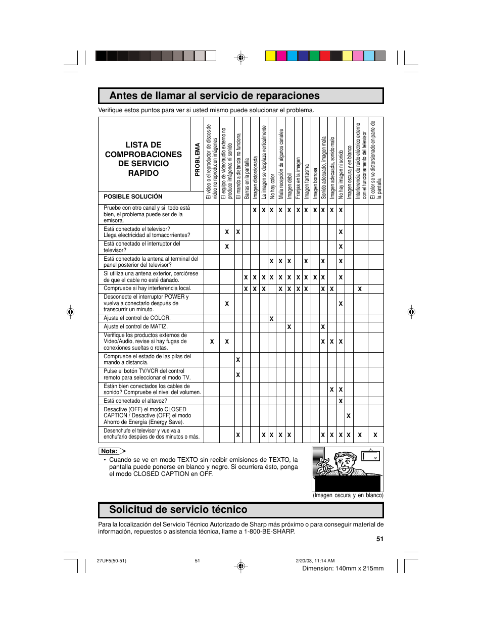 Antes de llamar al servicio de reparaciones, Solicitud de servicio técnico, Lista de comprobaciones de servicio rapido | Sharp 36UF5/6 User Manual | Page 51 / 57