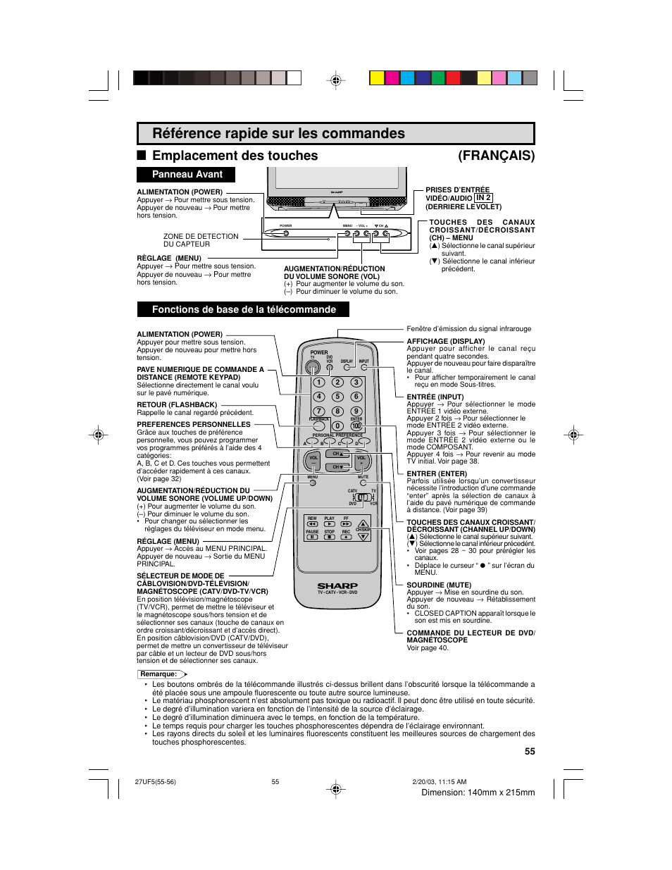 Référence rapide sur les commandes, L emplacement des touches (français), Panneau avant | Fonctions de base de la télécommande, Power menu – vol + ch pull-open | Sharp 36UF5/6 User Manual | Page 55 / 57