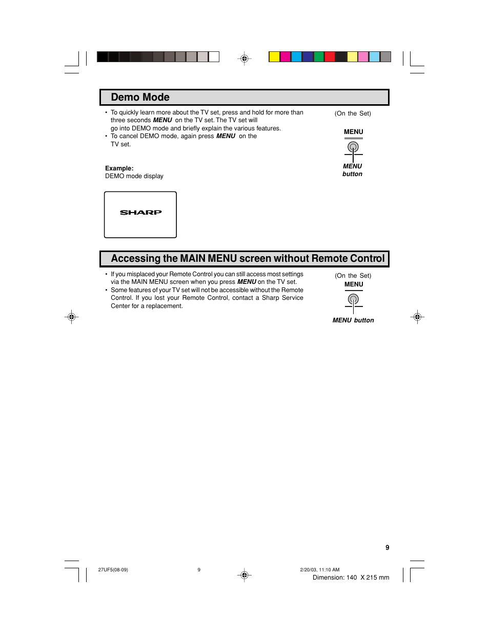 Demo mode | Sharp 36UF5/6 User Manual | Page 9 / 57