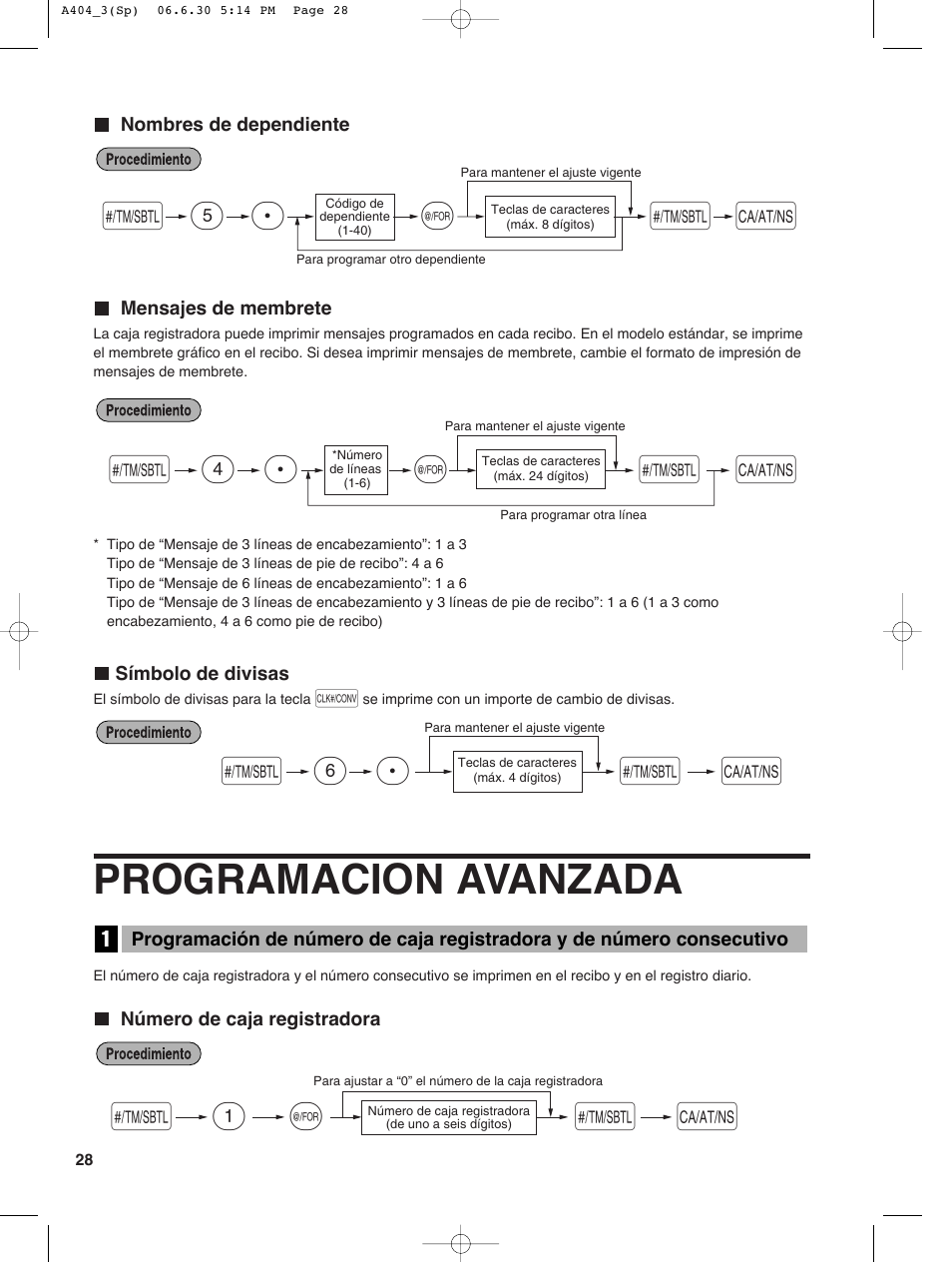 Programacion avanzada, Sp 6, Sp 5 s | Sp 4, 1s @ s a | Sharp XE-A404 User Manual | Page 112 / 132