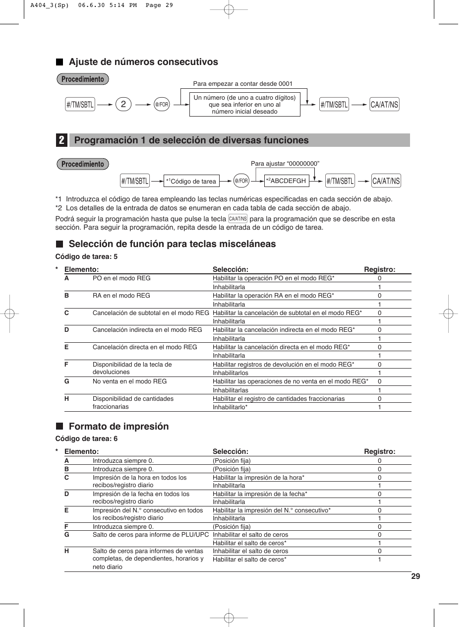 2s @ s a, Ajuste de números consecutivos, Selección de función para teclas misceláneas | Formato de impresión, Programación 1 de selección de diversas funciones | Sharp XE-A404 User Manual | Page 113 / 132