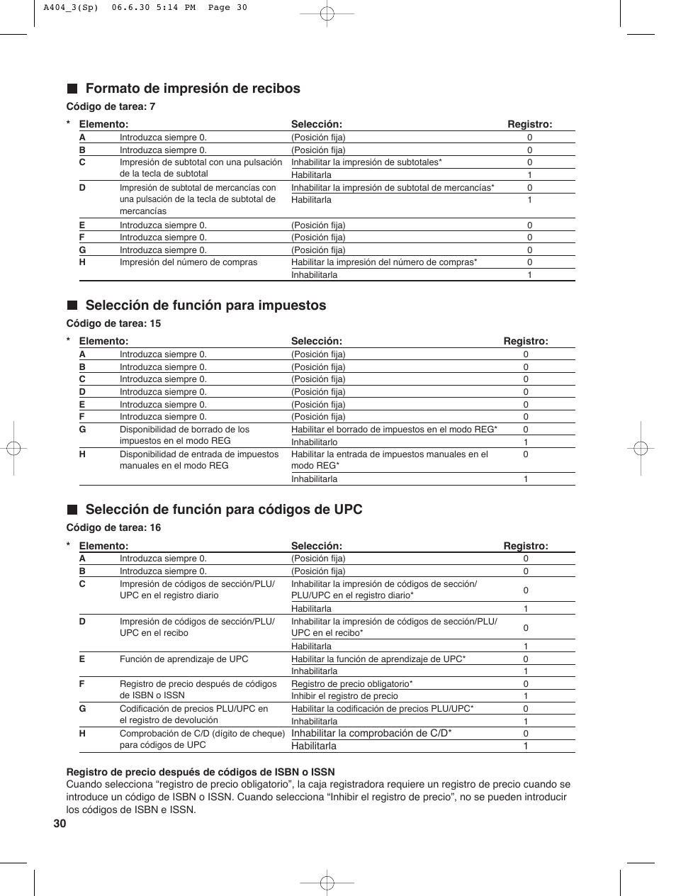 Formato de impresión de recibos, Selección de función para impuestos, Selección de función para códigos de upc | Sharp XE-A404 User Manual | Page 114 / 132