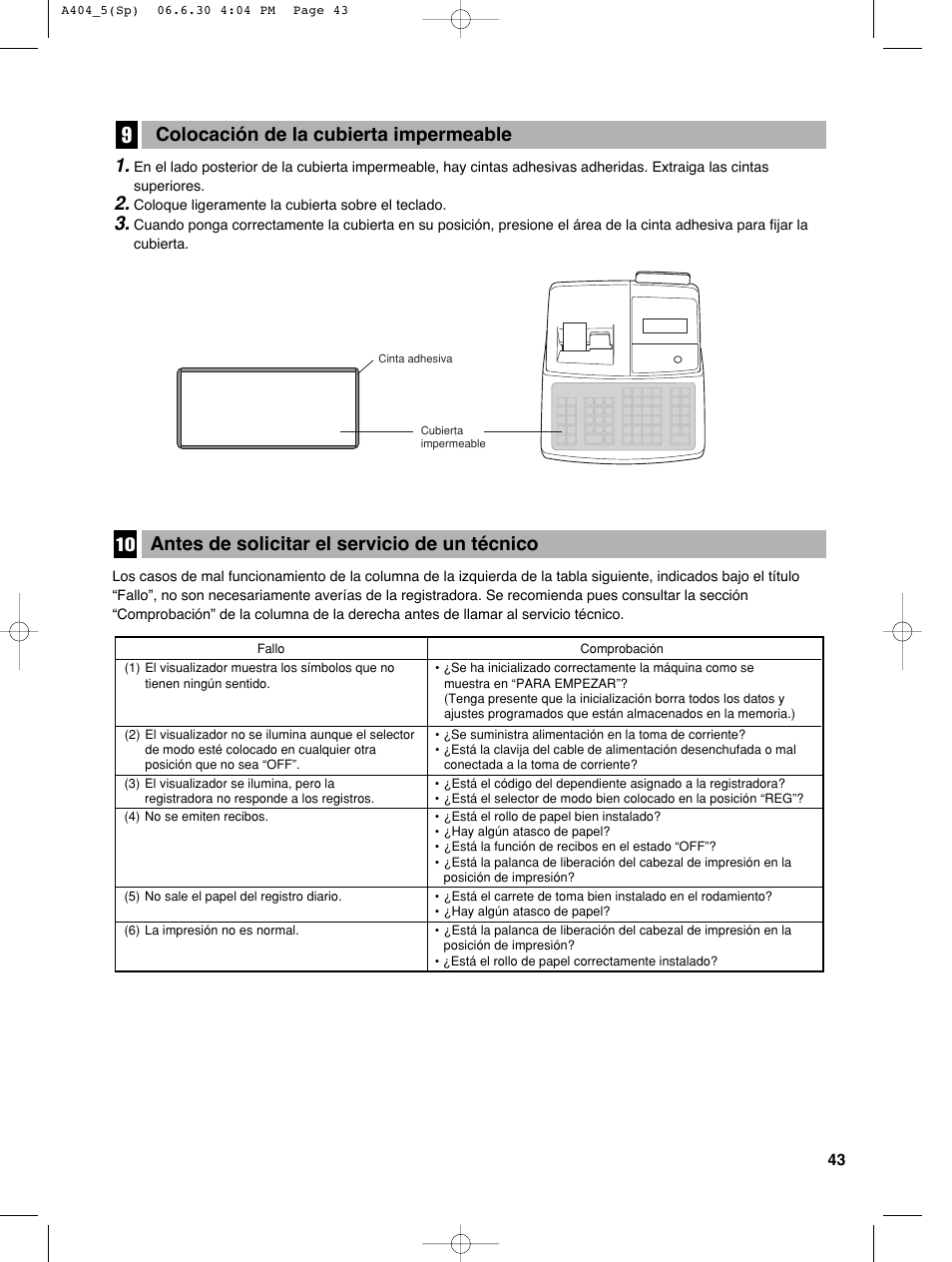 Antes de solicitar el servicio de un técnico 10 1, Colocación de la cubierta impermeable | Sharp XE-A404 User Manual | Page 127 / 132