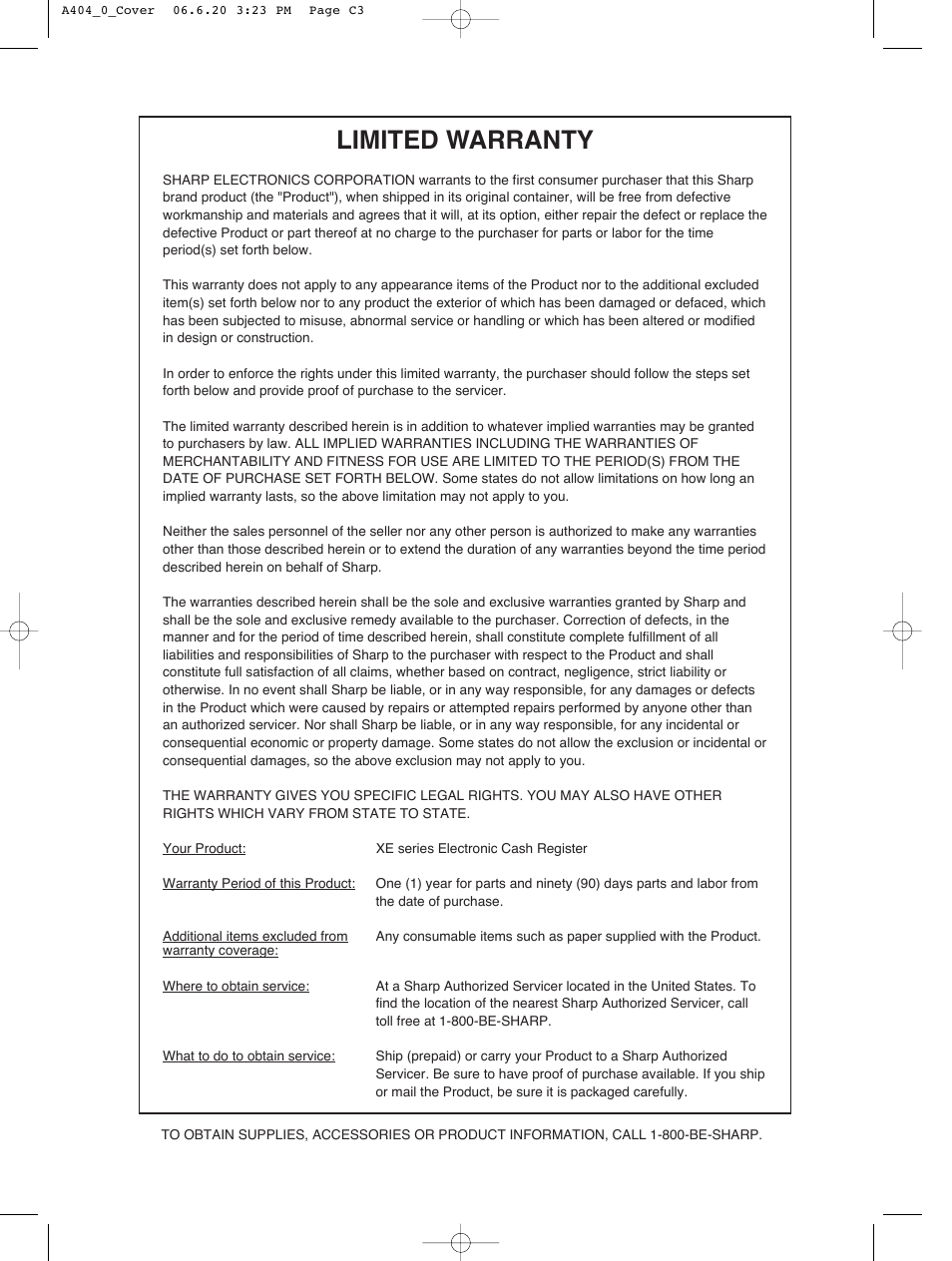 Limited warranty | Sharp XE-A404 User Manual | Page 131 / 132