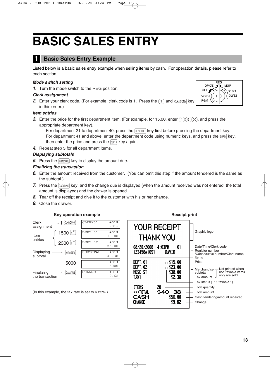 Basic sales entry, Basic sales entry example | Sharp XE-A404 User Manual | Page 15 / 132