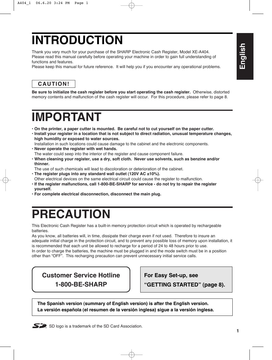 Introduction, Important, Precaution | English | Sharp XE-A404 User Manual | Page 3 / 132