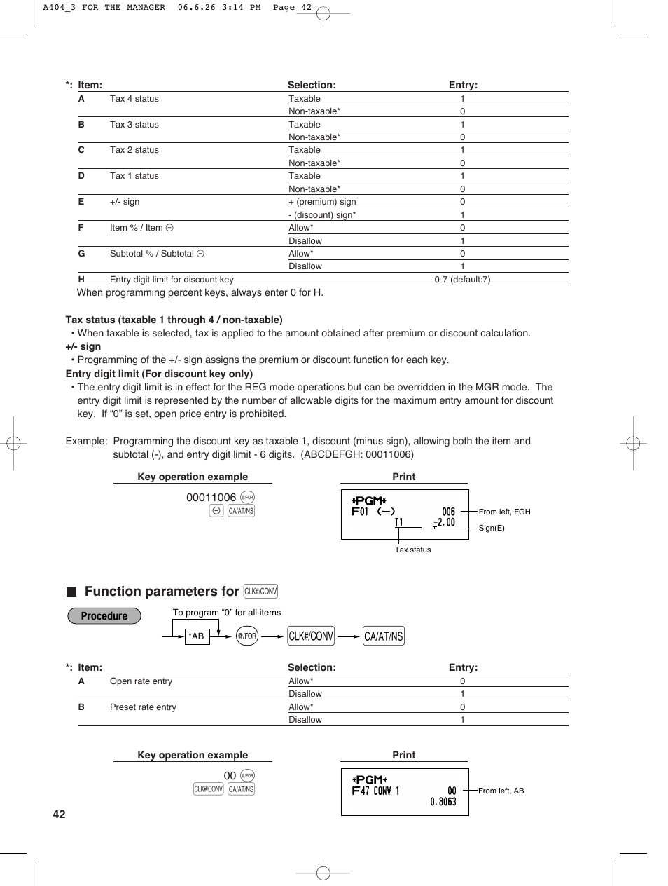 Function parameters for | Sharp XE-A404 User Manual | Page 44 / 132