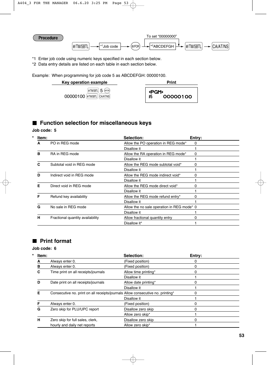 Function selection for miscellaneous keys, Print format | Sharp XE-A404 User Manual | Page 55 / 132
