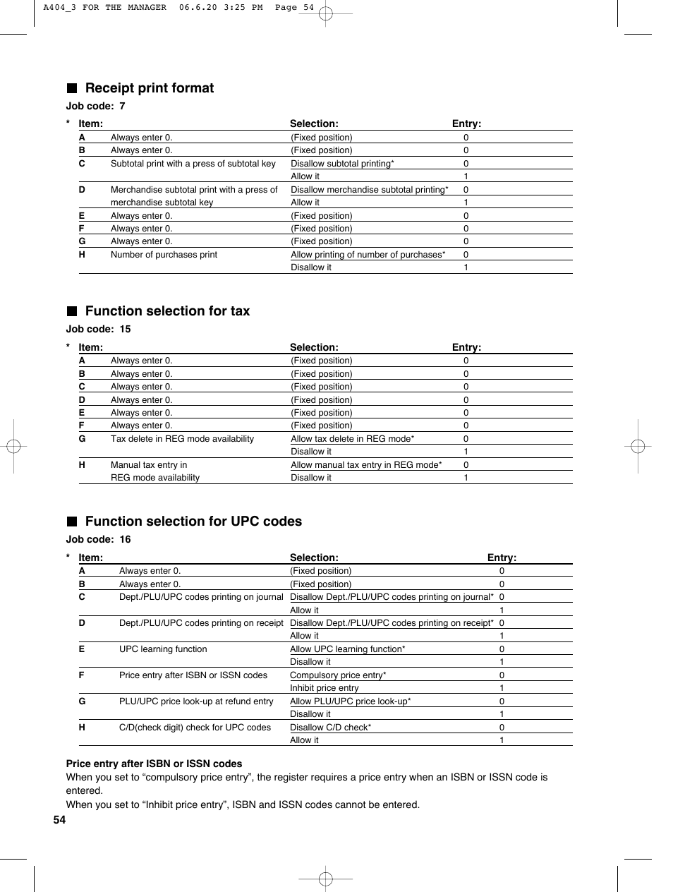 Receipt print format, Function selection for tax, Function selection for upc codes | Sharp XE-A404 User Manual | Page 56 / 132