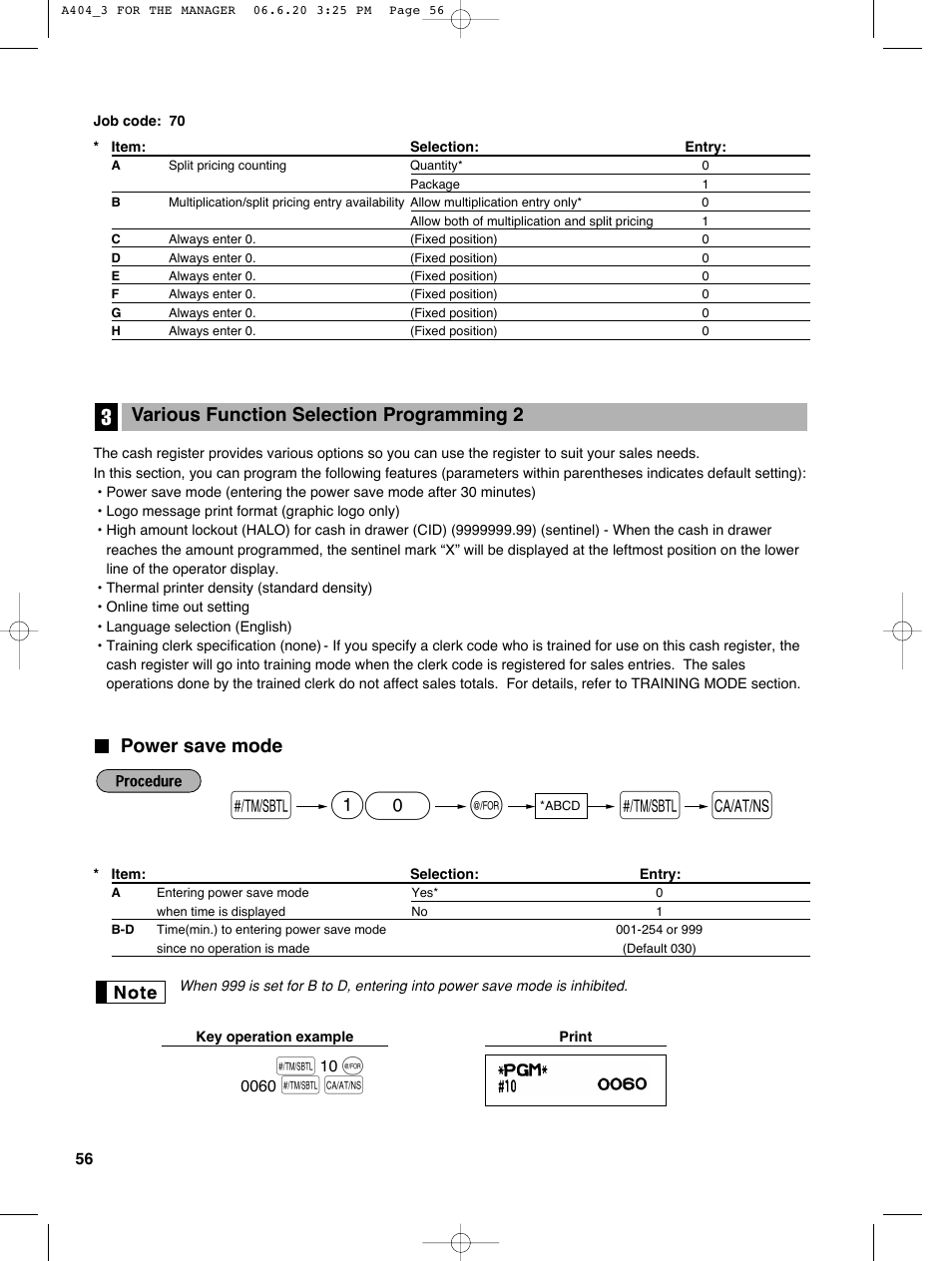 Power save mode, Various function selection programming 2 | Sharp XE-A404 User Manual | Page 58 / 132