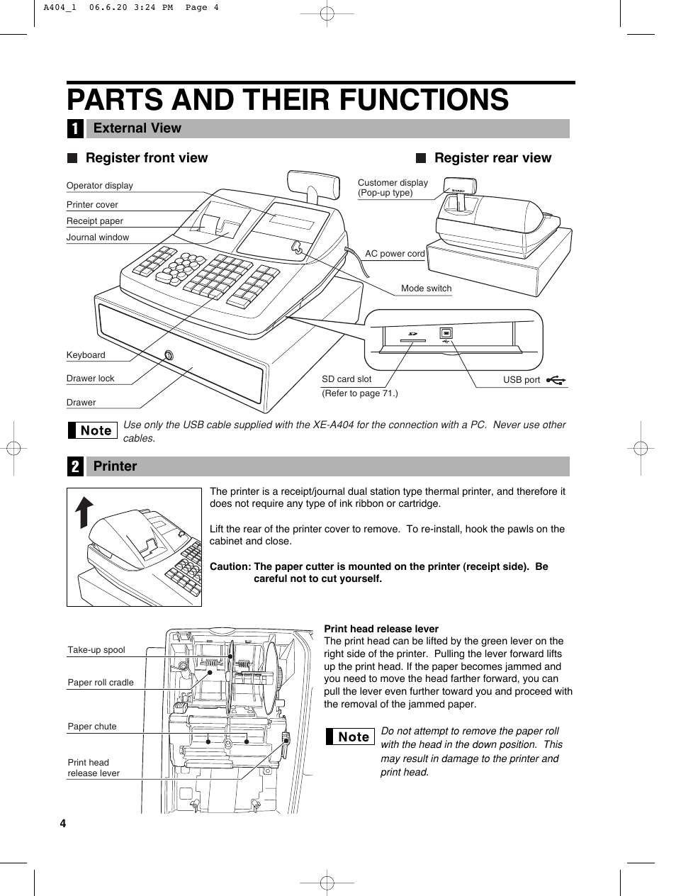 Parts and their functions, Register front view register rear view, External view | Printer | Sharp XE-A404 User Manual | Page 6 / 132