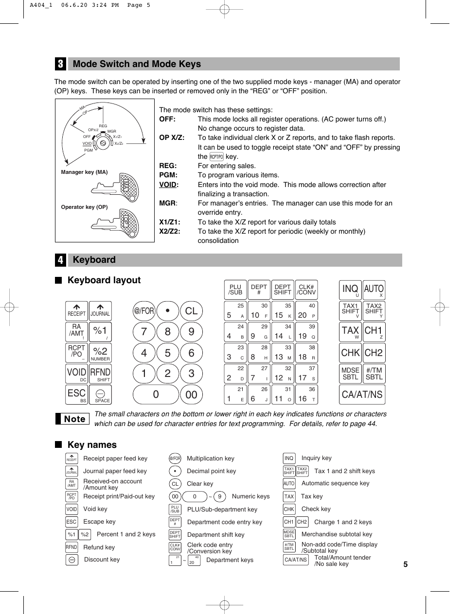 1 void rfnd, Auto inq, Chk ch2 | Tax ch1, Ca/at/ns, Mode switch and mode keys, Keyboard layout, Key names keyboard | Sharp XE-A404 User Manual | Page 7 / 132