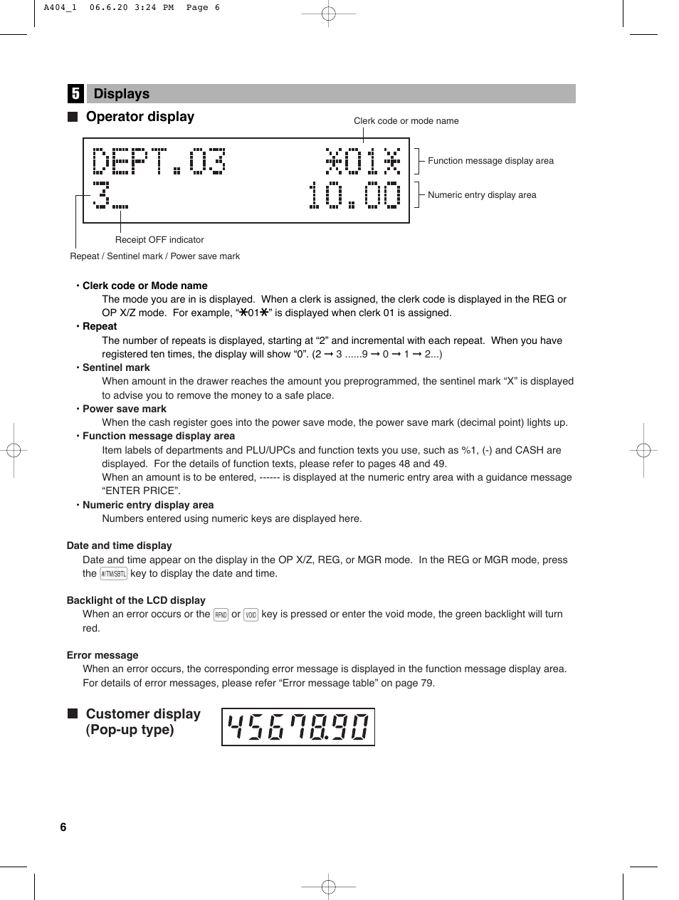 Operator display, Customer display (pop-up type) displays | Sharp XE-A404 User Manual | Page 8 / 132