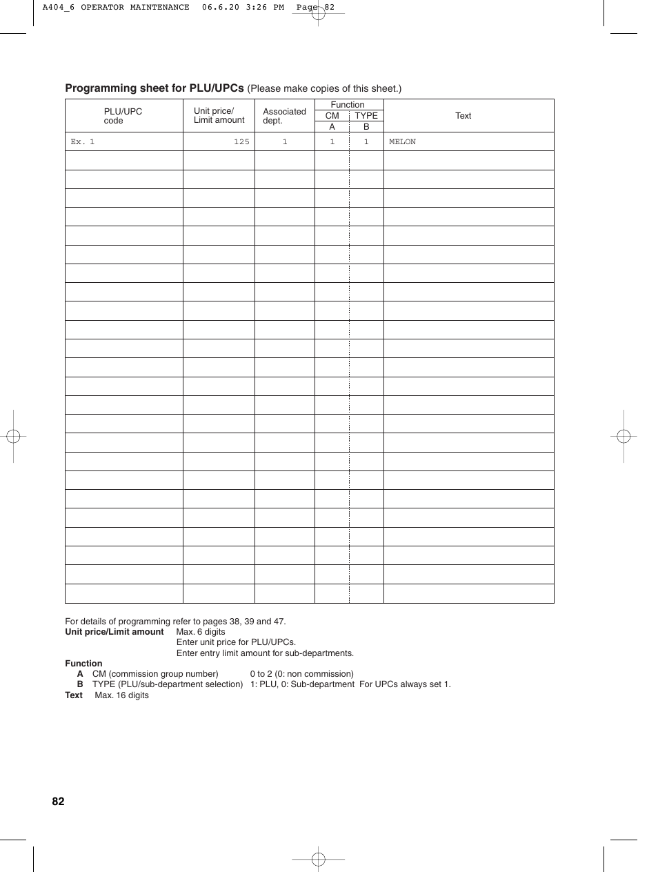 Programming sheet for plu/upcs | Sharp XE-A404 User Manual | Page 84 / 132