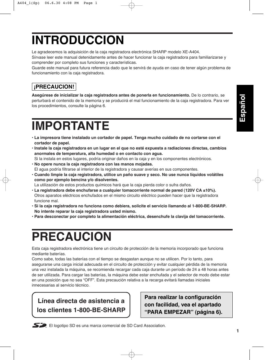 Introduccion, Importante, Precaucion | English español | Sharp XE-A404 User Manual | Page 85 / 132