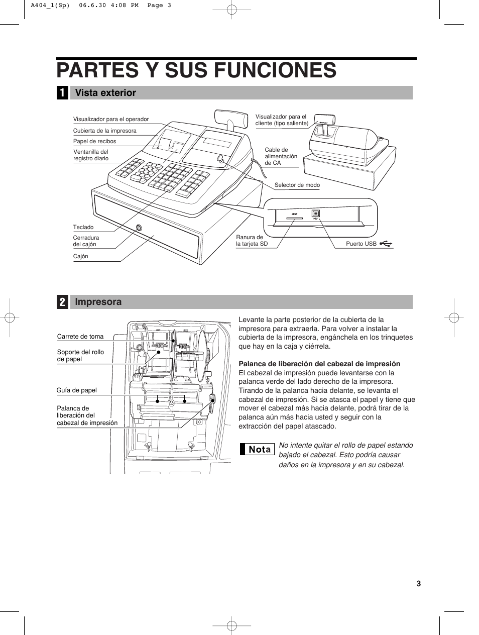 Partes y sus funciones, Vista exterior, Impresora | Sharp XE-A404 User Manual | Page 87 / 132