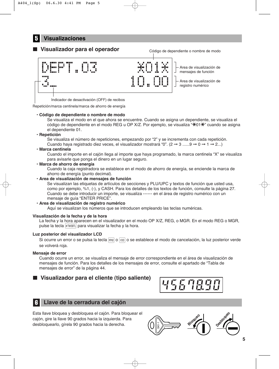 Llave de la cerradura del cajón, Visualizador para el operador | Sharp XE-A404 User Manual | Page 89 / 132