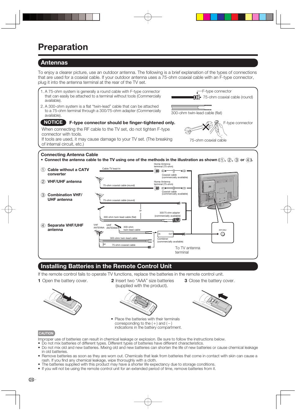 Preparation, Antennas, Installing batteries in the remote control unit | Notice | Sharp AQUOS LC-37BD60U User Manual | Page 10 / 65