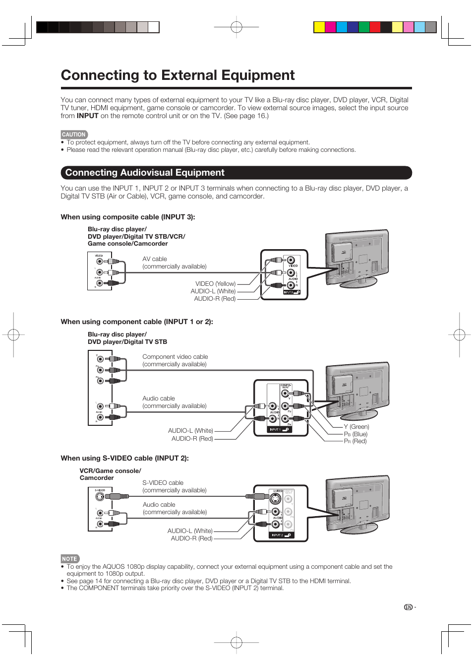 Connecting to external equipment, Connecting audiovisual equipment | Sharp AQUOS LC-37BD60U User Manual | Page 15 / 65
