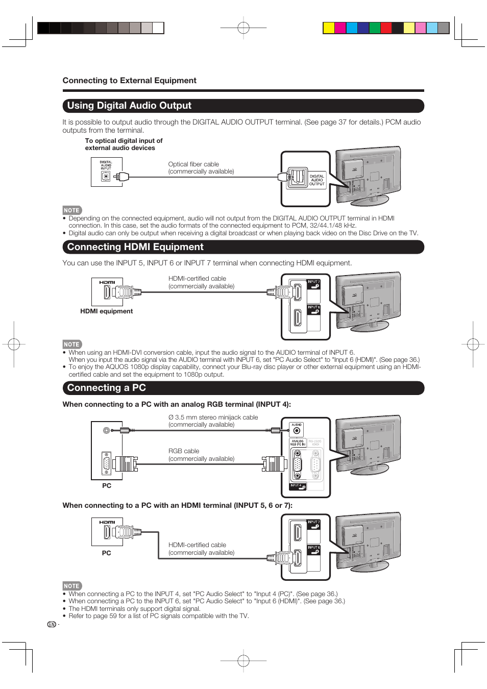 Connecting hdmi equipment, Using digital audio output, Connecting a pc | Sharp AQUOS LC-37BD60U User Manual | Page 16 / 65