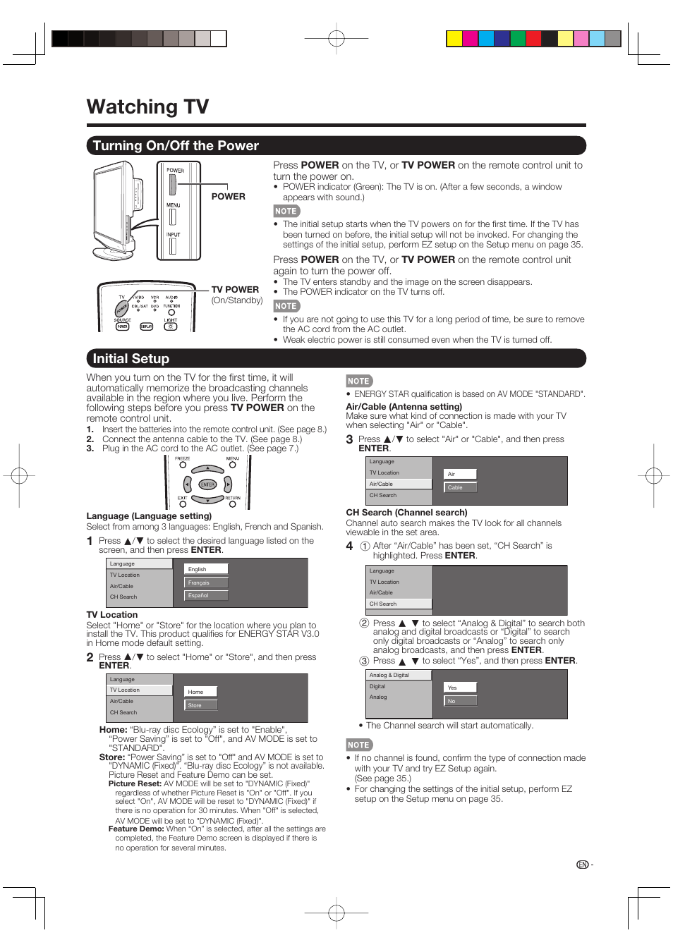 Watching tv, Turning on/off the power, Initial setup | Sharp AQUOS LC-37BD60U User Manual | Page 17 / 65