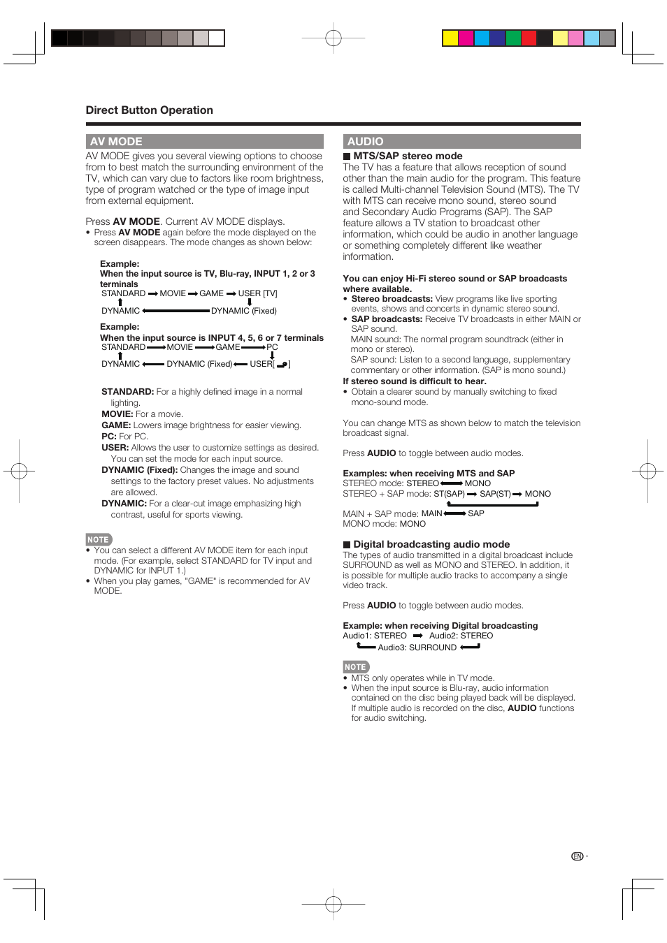 Av mode, Direct button operation audio | Sharp AQUOS LC-37BD60U User Manual | Page 19 / 65