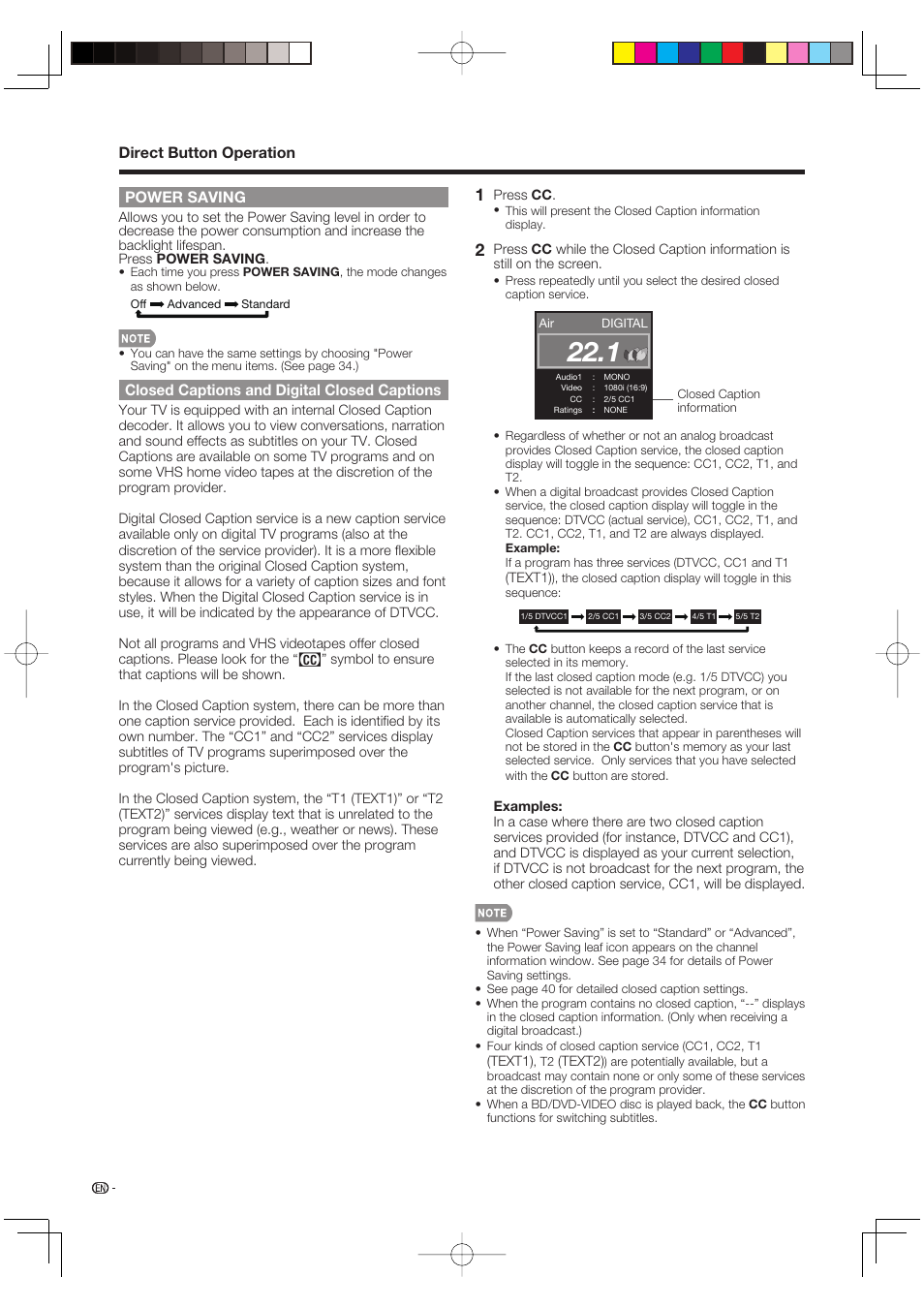 Power saving, Closed captions and digital closed captions, Direct button operation | Sharp AQUOS LC-37BD60U User Manual | Page 20 / 65