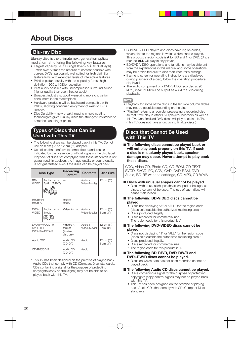 About discs, Discs that cannot be used with this tv, Blu-ray disc | Types of discs that can be used with this tv | Sharp AQUOS LC-37BD60U User Manual | Page 22 / 65
