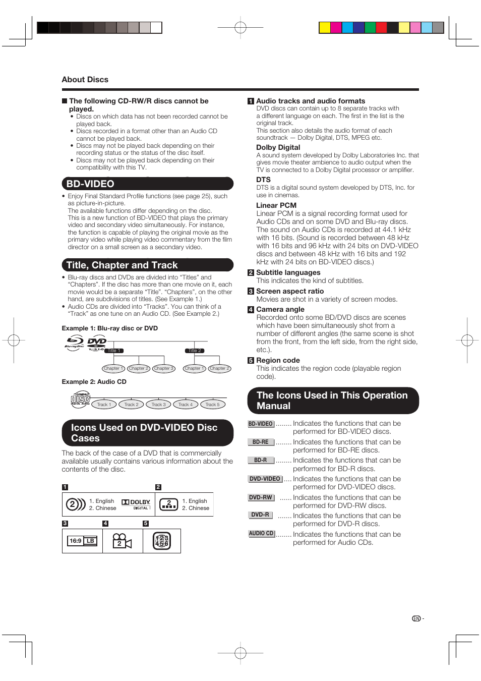 Bd-video, Title, chapter and track, Icons used on dvd-video disc cases | The icons used in this operation manual | Sharp AQUOS LC-37BD60U User Manual | Page 23 / 65